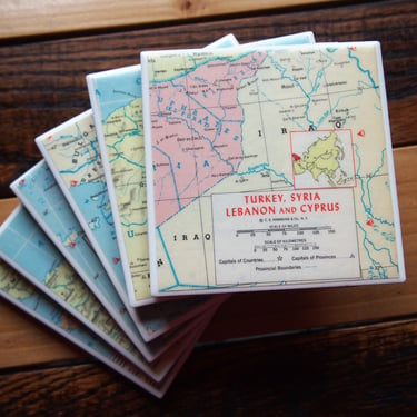 1963 Vintage Turkey Map Coaster Set of 6. Syria Map. Lebanon Gift. Cyprus Map. Turkey Gift. Turkish Decor. Istanbul Map. History Gift Ankara 