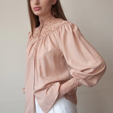 6790t / dusty rose silk embroidered collar blouse / s 