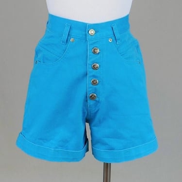 90s Bright Blue Jean Shorts -  24.5" waist - Cuffed Button Fly - Yoyo Jeans - High Rise - Cotton Denim - Vintage 1990s - XS 