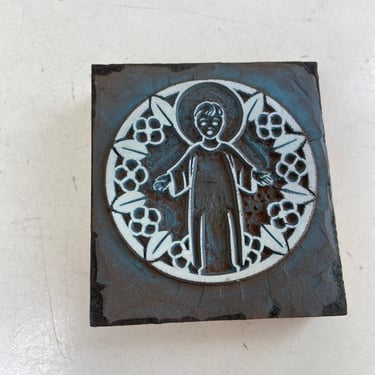 Vintage Wood linoleum letterpress printing block religious theme halo child in floral ring size print 2.5” x 2.5” 