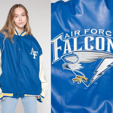 Air Force Falcons Jacket Y2K Football Bomber Jacket Blue Wool Sports Varsity Snap Up Streetwear Jacket NCAA Colorado Vintage 00s Mens XL 