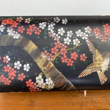 Vintage Black Lacquer Bird Box, Dogwood Flowers And Bird, Asian Design, Jewelry Box, Glove Box, Rectangular Box With Key 