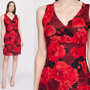S-M| 90s Red Sheer Floral Mini Dress - Small to Medium | Vintage Lettuce Hem Sleeveless V Neck Party Dress 