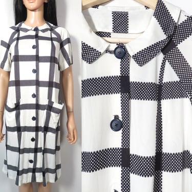 Vintage 60s Black And White Button Front Collared Dress With Pockets Size M/L 