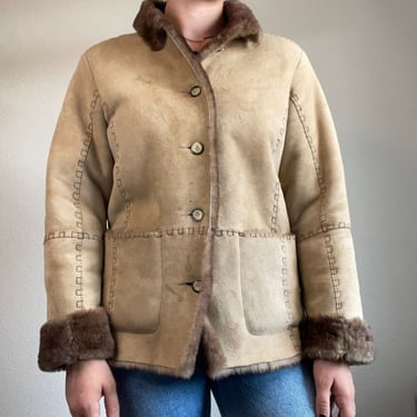Vintage 80s Womens Arrow Brown Tan Genuine Shearling Leather Jacket Sz Small 