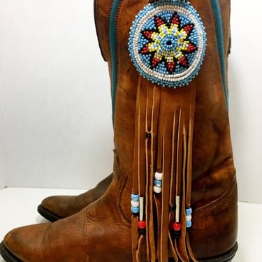 Vintage Tan Texas Brand Cowgirl Boots with Beaded Embellishments size 7 M women's 