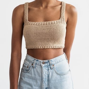 Square Neck Crop Top, Minimal Knit Top, Cropped Yoga Top, Hand Knit, Square Neckline,Sports Knit Bra, Fitted Cotton Bralette in Light Wheat 