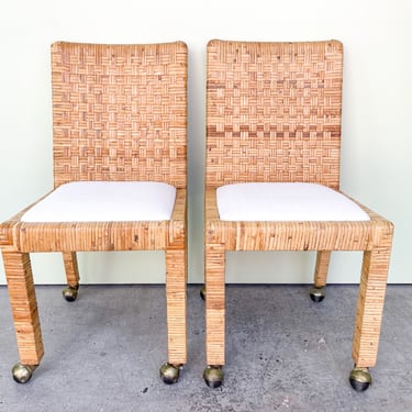 Pair of Rattan Side Chairs on Casters