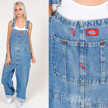 Men's Dickies Overalls 00s Blue Denim Bib Overall Pants Baggy Dungarees Workwear Jean Utility Carpenter Relaxed Fit Vintage 00s 38 x 30 