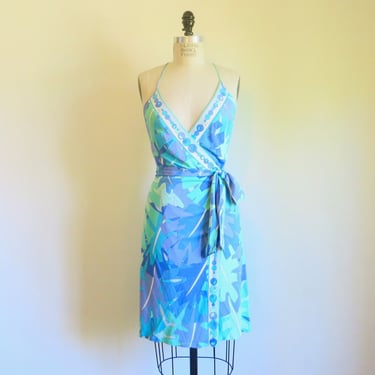 Emilio Pucci Periwinkle Blue and Mint Viscose Rayon Jersey Knit Halter Wrap Dress Italian Designer Spring Summer Dresses Size 4US 38 Small 