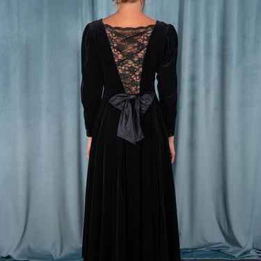 Vintage 1980s Laura Ashley Heavy Cotton Black Velvet Dress with Sheer Lace Back and Bow 