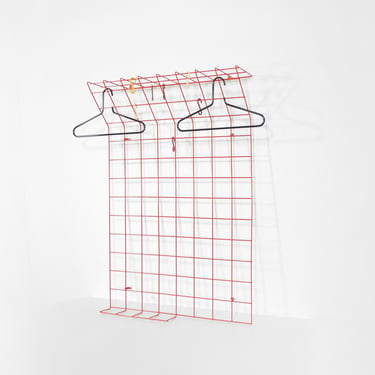 Vintage Karl Fichtel Drahtwerke Erlau Minimalist Red Wire Wall Mounted Coat Hat Rack Geometric Grid Wardrobe Retro Loft Accent Hanger String 