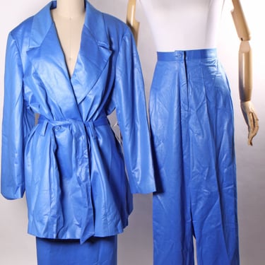 Deadstock 1980s Blue Long Sleeve Belted Blazer Jacket with Matching High Waisted Pants and Pencil Skirt Wardrober by Harvey Z -3XL-4XL 