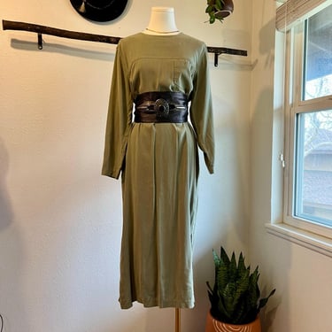 Vintage 90s Tencel Sage Green Long Sleeve Shirt Dress USA Made Size 10 
