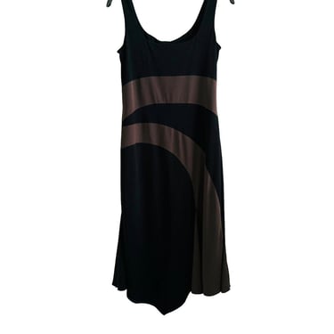 90s Vintage Bruno Duluc Black & Brown Wide Strap Midi Dress Lined Cocktail Party Size Medium 