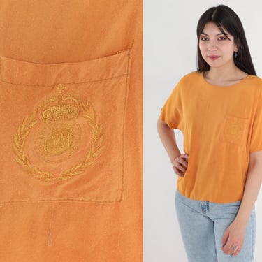 Orange Crest Top 80s Pocket Tee Embroidered T Shirt Retro Plain TShirt Solid T-Shirt Minimalist Basic Blouse Vintage 1980s Medium M 