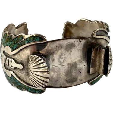 1980's Vintage Native American Juan Singer Navajo Sterling Silver, Turquoise Watch Cuff Bracelet 