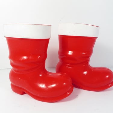 Vintage Red Plastic Christmas Boots -  Pair of Santa Claus Boot Candy Holders 