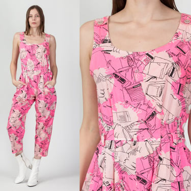 80s Pink Abstract Soda Bottle Print Jumpsuit - Petite Medium | Vintage Button Up Retro Pocket Pantsuit 