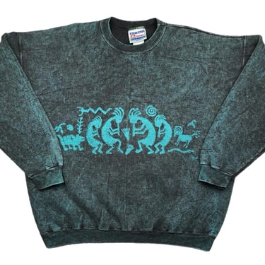 Vintage 90s Stone Aged Rockwear Stonewashed Kokopelli Wrap Around Graphic Crewneck Sweatshirt Pullover Size Large/XL 