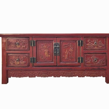 Chinese Distressed Brick Red Flower Relief Pattern TV Console Table Cabinet cs7721E 