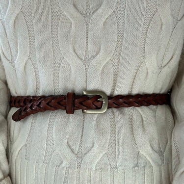 Vintage Womens Brown Leather Braided Skinny Dress Waist Belt sz L 