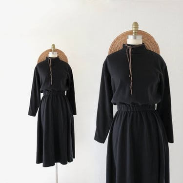 black cotton knit dress - m - vintage 80s 90s womens size medium turtleneck full skirt solid minimal high neck midi maxi 