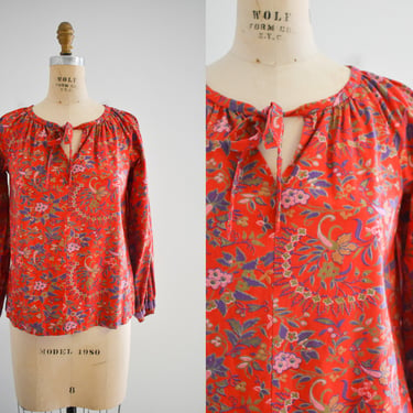 1970s Red Floral Cotton Blouse 