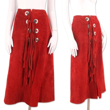 70s ANNE KLEIN suede western skirt 8, vintage 1970s red zip front A line concho skirt, 70s designer skirt M 
