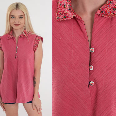 Pink Floral Blouse 70s Top Cap Sleeve Collared Shirt Flower Print Trim Button up Retro Bohemian Summer Seventies Preppy Vintage 1970s Medium 