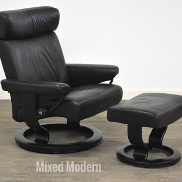 Black Leather Ekornes Stressless Recliner and Ottoman 