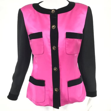 Chanel Colour Block Hot Pink Silk & Black Boucle Jacket 1990s 40