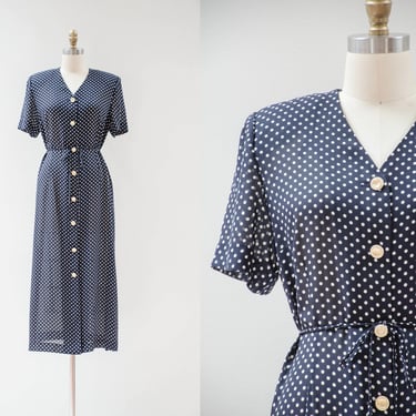navy blue polka dot dress | 80s 90s plus size vintage cute cottagecore loose oversized see through sheer chiffon dress 