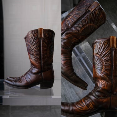 Vintage 70s TEXAS BRAND Cognac Peacock Western Boots | Made in USA | Mens Size 9.5D | 100% Genuine Leather | 1970s Designer Cowboy Boots 