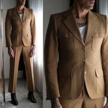 Vintage 70s Yves Saint Laurent Camel Four Patch Pocket Three Button Flare Leg Suit | Made in France | 1970s YSL Designer Tailored Mens Suit 