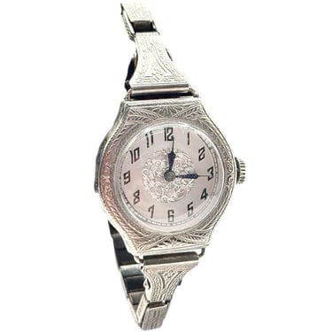 14k White Gold Filled Wristband Bracelet Watch by Elaine Switzerland 