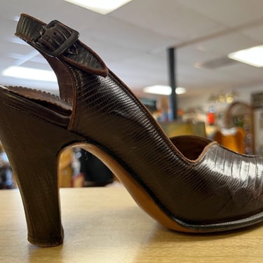 1940s platform peep toe heels vintage brown reptile pumps shoes 6.5 