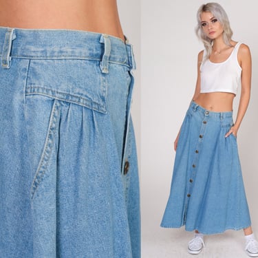 Denim Midi Skirt 90s Blue Jean Skirt Button Up Jean High Waisted Pleated A-Line Skirt Retro Basic Plain Simple Blue Vintage 1990s Small S 