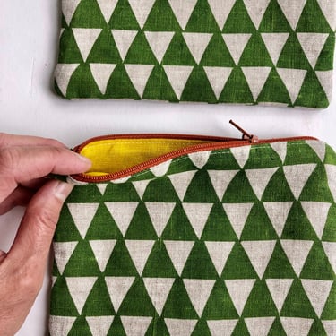 Green Triangles Zipper Pouch, hand printed linen 