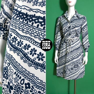 So Cool Vintage 60s 70s Navy Blue & White-is Flower Rows Print Long Sleeve Collared Shift Dress 
