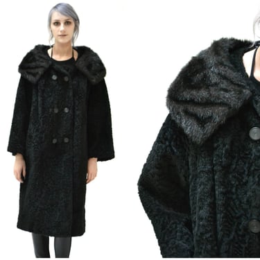 50s 60s Vintage Black Faux Fur Coat Jacket Size Large// Vintage Black Vegan Fur Coat Jacket Size Large Persian Lamb Aline 60s Faux Fur Coat 