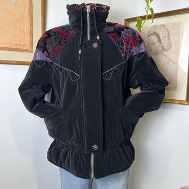 Vintage Velvet Jacket with Floral Design Boho 80s Coat Black Statement Jacket size M Outerwear Retro Fashion | Elegant Colour | Gifts 