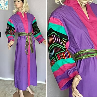 Fabulous Caftan, Appliques, Ethnic Design, Mola, Vintage Cotton Kimono, Robe, Color Block, Wide Sleeves 
