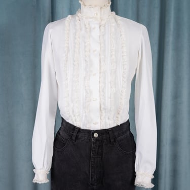 Vintage 1960s Lady Manhattan Ruffled Lace Pintuck Tuxedo Blouse with Lace Trimmed High Neck and Cuffs 
