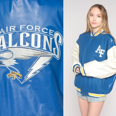Air Force Falcons Jacket Y2K Football Bomber Jacket Blue Sports Varsity Snap Up Streetwear Jacket NCAA Colorado Vintage 00s Men's Large L 