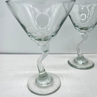 Vintage Zig Zag Stem Clear Martini Cocktail Glasses | Art Deco, Mid Century MCM Bar 