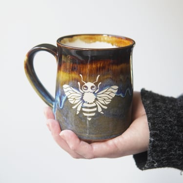 Honey Bee Mug - rustic handmade pottery with drippy reactive glaze 