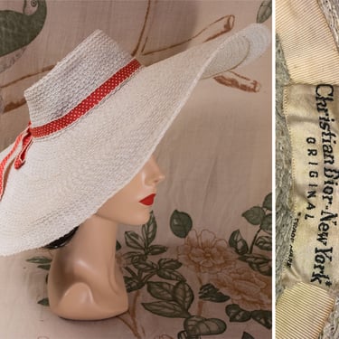1940s DIOR Hat - RARE Late 1940s or Early 50s Christian Dior Original New Look Wide Brim Sunhat 