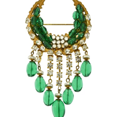 Miriam Haskell Vintage Emerald Glass Rhinestone Fringe Brass Crescent Brooch Pin