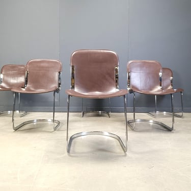 Vintage dining chairs by Willy Rizzo for cidue set of 6, 1970s - mid century modern leather dining chairs - italian dining chairs - model c2 